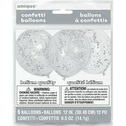 Diverse: Latex ballon med Sølv konfetti 30 cm 6 styk