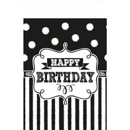 FestartiklerSort Hvid Plastikdug Happy Birthday 259 x 137 cm