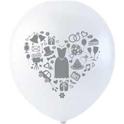Bryllup Latex balloner  Hvide med gråt print 26 cm 6 styk