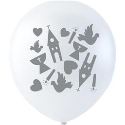 KonfirmationKonfirmation Latex balloner hvide med gråt print 26 cm 6 styk