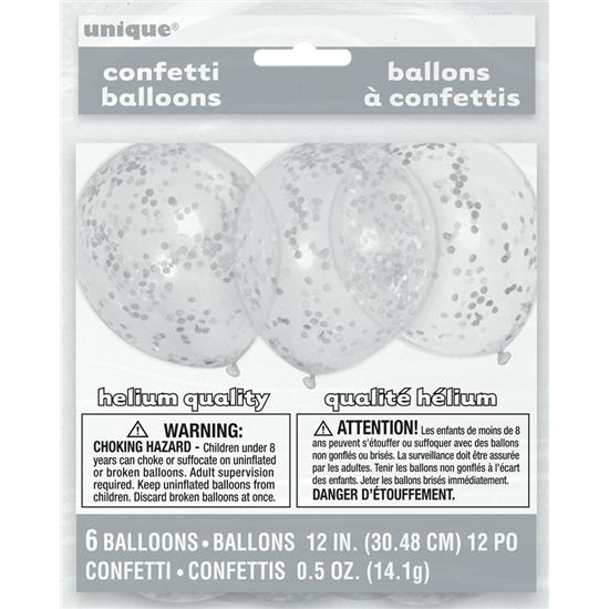 Diverse: Latex ballon med Sølv konfetti 30 cm 6 styk