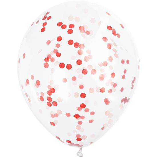Diverse: Latex ballon med Rød Konfetti 30 cm 6 styk
