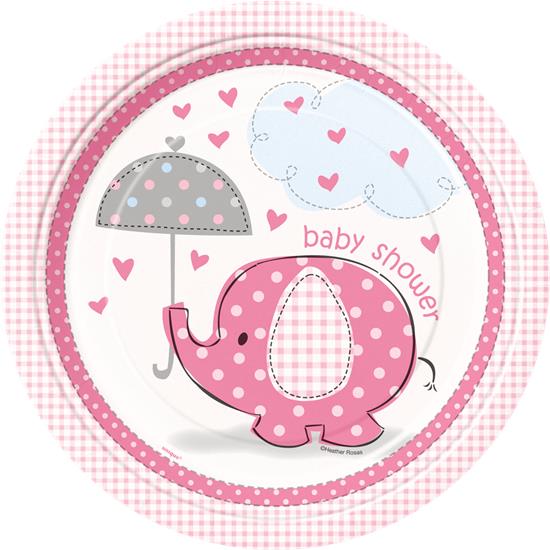 Diverse: Lyserød elefant Paptallerkener Baby shower 21 cm 8 styk