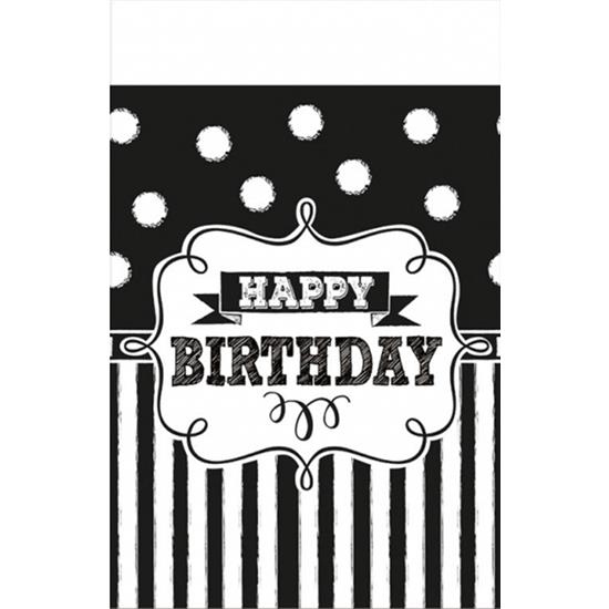 Diverse: Sort Hvid Plastikdug Happy Birthday 259 x 137 cm