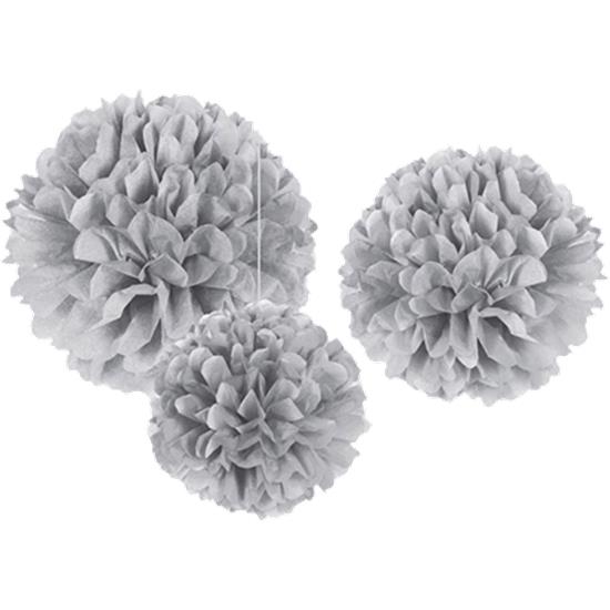 Diverse: Sølv pom pom dekorationer 40 cm 3 styk