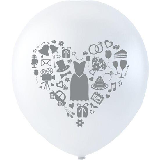 Diverse: Bryllup Latex balloner  Hvide med gråt print 26 cm 6 styk