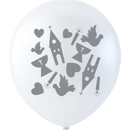 Diverse: Konfirmation Latex balloner hvide med gråt print 26 cm 6 styk