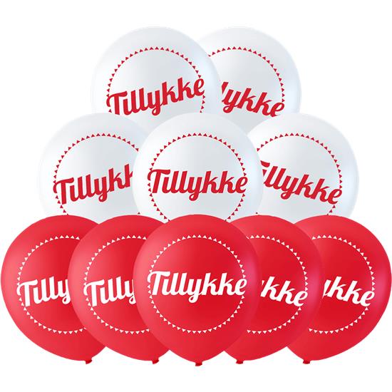 Diverse: Tillykke latexballoner i hvid og rød 26 cm 10 styk
